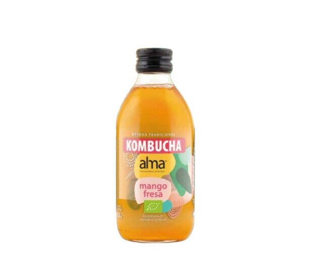 Kombucha Mango-fresa. Agua, té verde, azúcar integral de caña, té rojo con mango y fresas