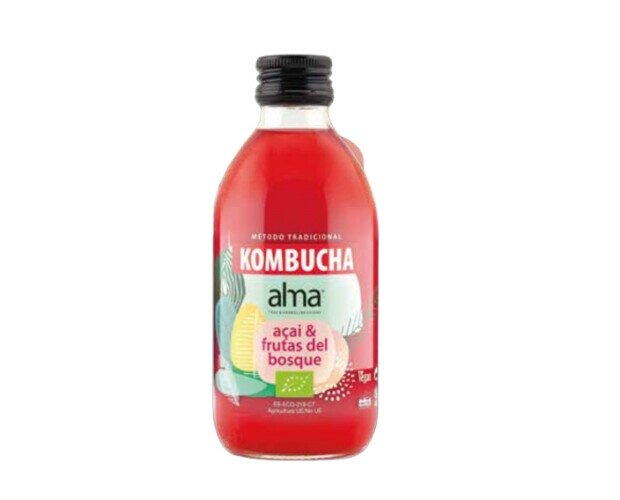 Kombucha Açai y frutos del bosque. Agua, té verde, azúcar integral de caña, açai, frutas del bosque, hibisco