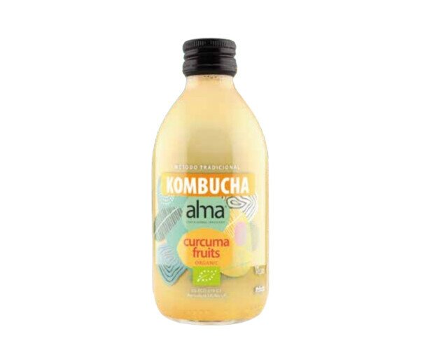 Kombucha Curcuma Fruits. Agua, té verde, azúcar integral de caña, manzana, pera y cúrcuma