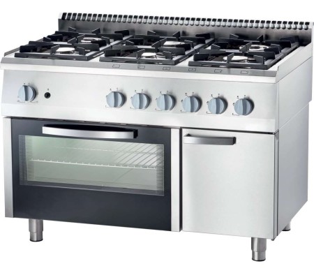 Cocina a gas con horno horno eléctrico convección GN1/1 6 fuegos 1200x700x850h mm 3,5+2x5+2x7+9 Kw Línea Varsovia