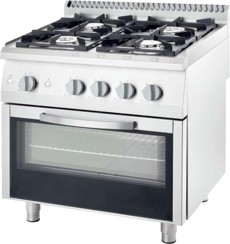 Cocina a gas con horno eléctrico estático GN1/1 4 fuegos 800x700x850h mm 3,5+5+2x7 Kw Línea Varsovia