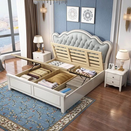 Cama de Madera Maciza con Diseño de Botón - Estilo Americano