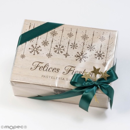 Pack regalo caja madera copos Felices Fiestas personalizable