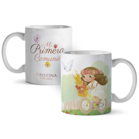 Taza cerámica niña Comunión en bici con caja regalo