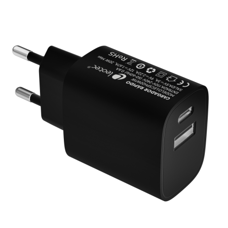 Cargador de pared leotec 20w carga rapida 1 usb tipo - c pd 1 usb - a negro