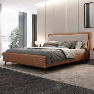 Cama Doble Minimalista Italiana Cuero + Naranja Atardecer CA-M-45