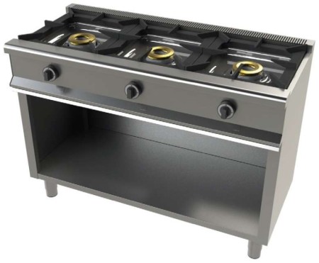 Cocina a gas con mueble de 3 fuegos 8+8+8 Kw SerIe 550 JUNEX con medidas 1200x550x850h mm 6300/1