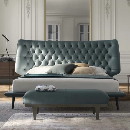 Cama Doble Moderna Estilo Francés con Cabecera de Cuero