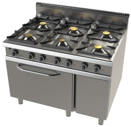 Cocina a gas con mueble 6 fuegos 2X8+4,5+3x6 Kw Serie 900 JUNEX con medidas 1200x900x900h mm 9600/3