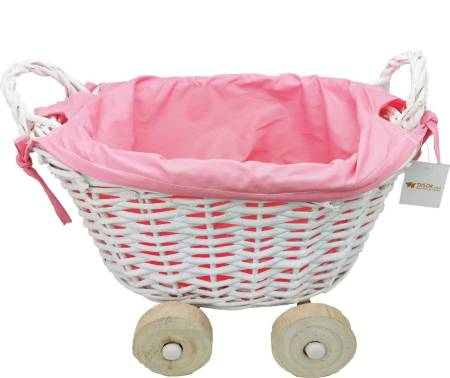 CESTA DE MIMBRE EN FORMA DE CARRITO ROSA