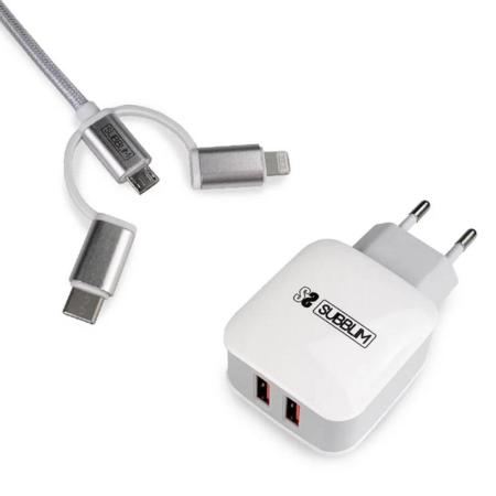 Cargador pared subblim 12w usb tipo a + cable 3 en 1