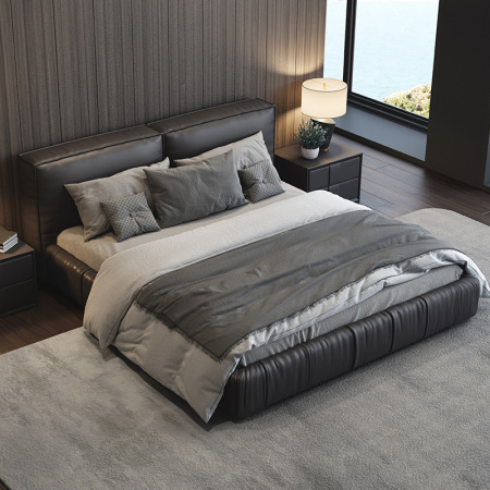 Cama Doble de Cuero Italiano Minimalista y Marco Neumático