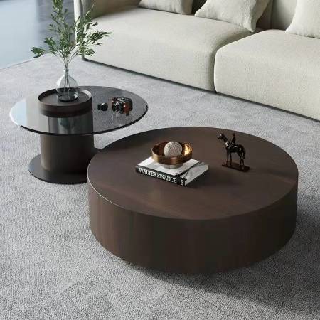 Mesa de té circular minimalista italiana con madera ahumada