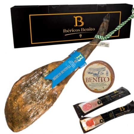 Lote Jamón de cebo Ibérico 50% raza Ibérica Benito + caja regalo