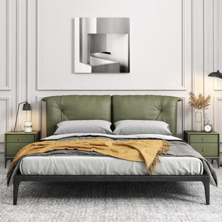 Cama Doble de Cuero y Madera Blanca Estilo Italiano