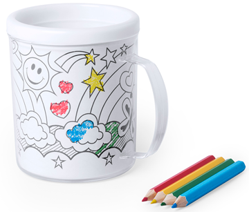 TAZA PARA COLOREAR 320 ML + 4 LÁMINAS + LÁPICES