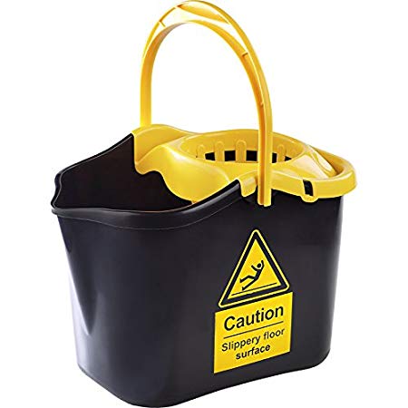 Cubo de fregado negro con pictograma de suelo mojado CAUTION