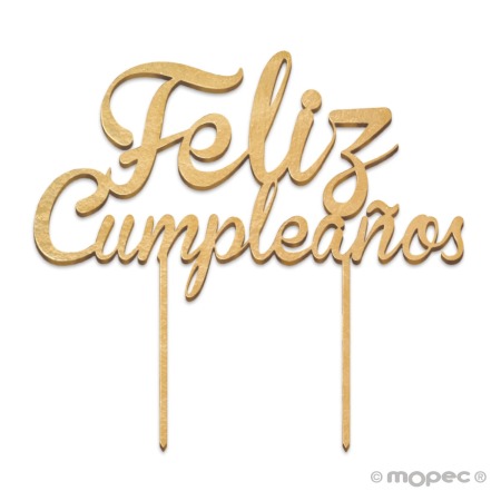 Cake topper dorado de madera Feliz Cumpleaños 18x16 cm.,