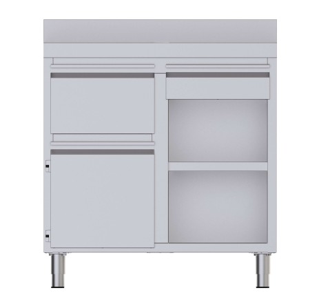 Mueble Cafetero Acero Inoxidable Con Tolva a la Izquierda, 1 Estante, 1 Puerta y 1 Cajón 1000x600x1050h mm CST60100D2SLB