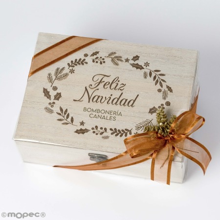 Pack regalo caja madera ramitas Feliz Navidad personalizable