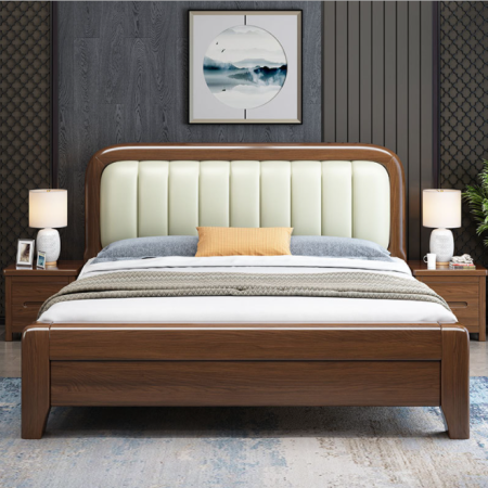 Cama Doble de Madera Nogal y Seda Dorada Estilo Chino