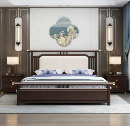 Cama Doble de Madera Maciza Estilo Chino Moderno-PID_3387