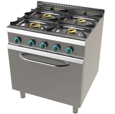 Cocina a gas con horno GN2/1 de 4 fuegos 4,5+8+2x6Kw Serie 900 JUNEX con medidas 800x900x900h mm 9401/3