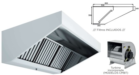 Campana Mural Snack Techo Bajo Elevado Fondo 800 CON TURBINA de 1500x800x550h mm AVEIRO A15080CMBT