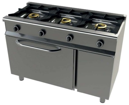 Cocina a gas con horno GN1/1 4,5Kw, 3 fuegos 8+8+8 Kw SerIe 550 JUNEX con medidas 1200x550x850h mm 6301/1